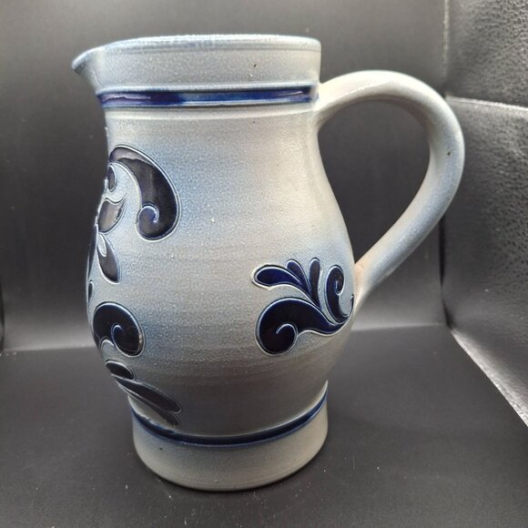 Vintage German Stoneware Pitcher With Blue Floral Motif Signed Paul Schmitter - Picture 2 of 8
